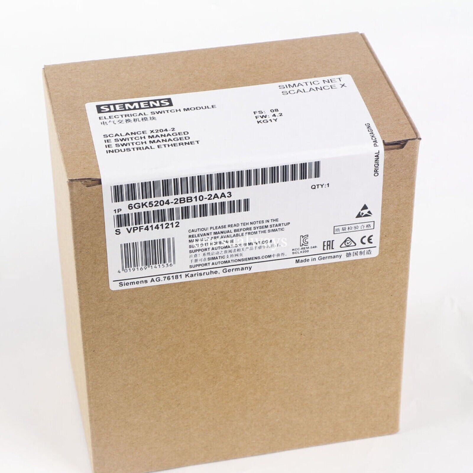 Siemens SCALANCE X204-2 managed IE switch box, 6GK5204-2BB10-2AA3, industrial Ethernet, original packaging