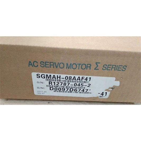 Yaskawa SGMAH-08AAF41 AC Servo Motor, product label with model number and serial information, for industrial automation.