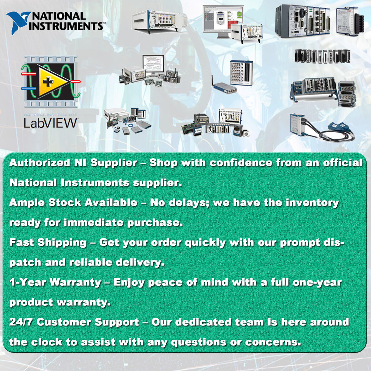 National Instruments products with guarantee and support, featuring industrial automation equipment.