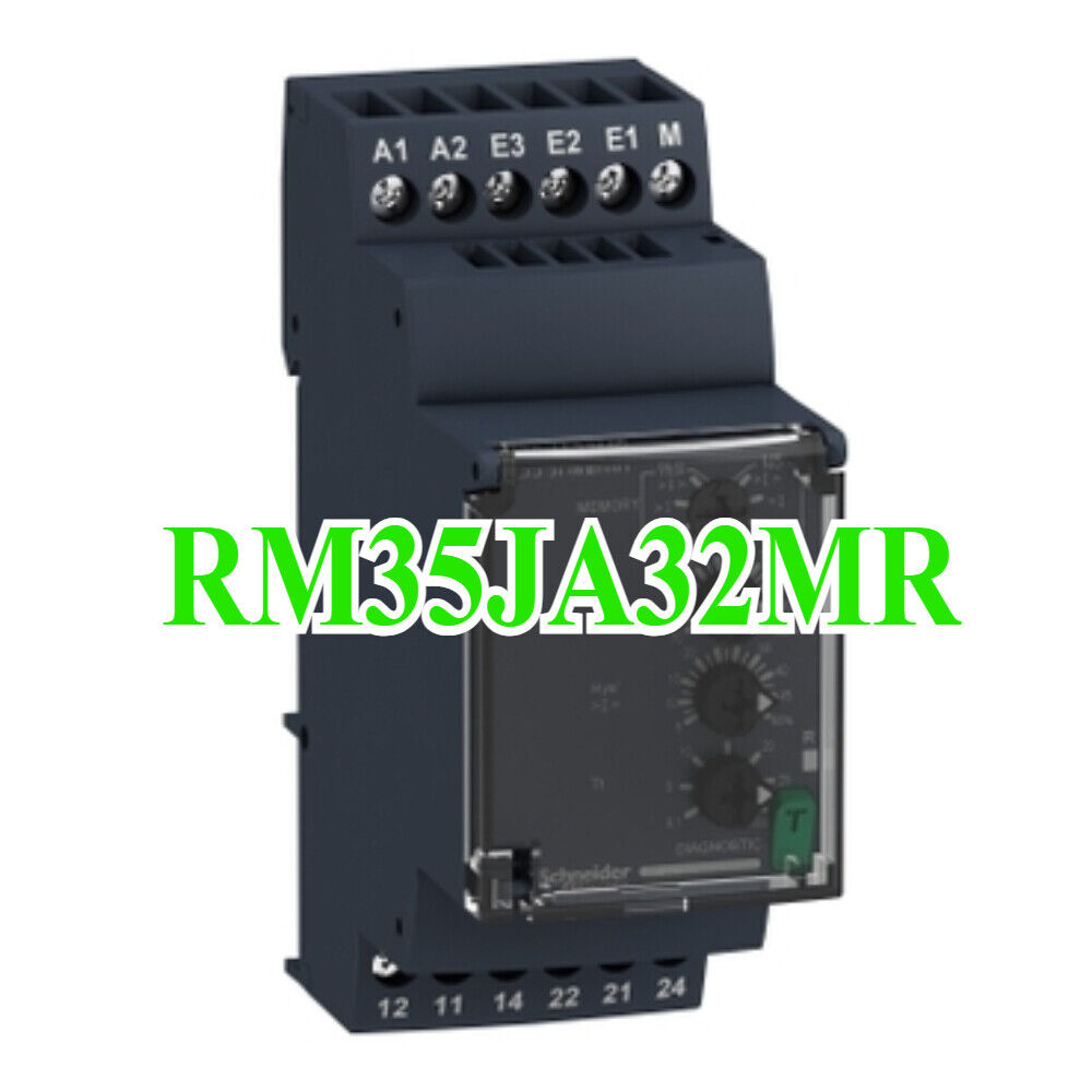Schneider RM35JA32MR PLC Input Module. Black and gray industrial relay with terminal blocks and dials.