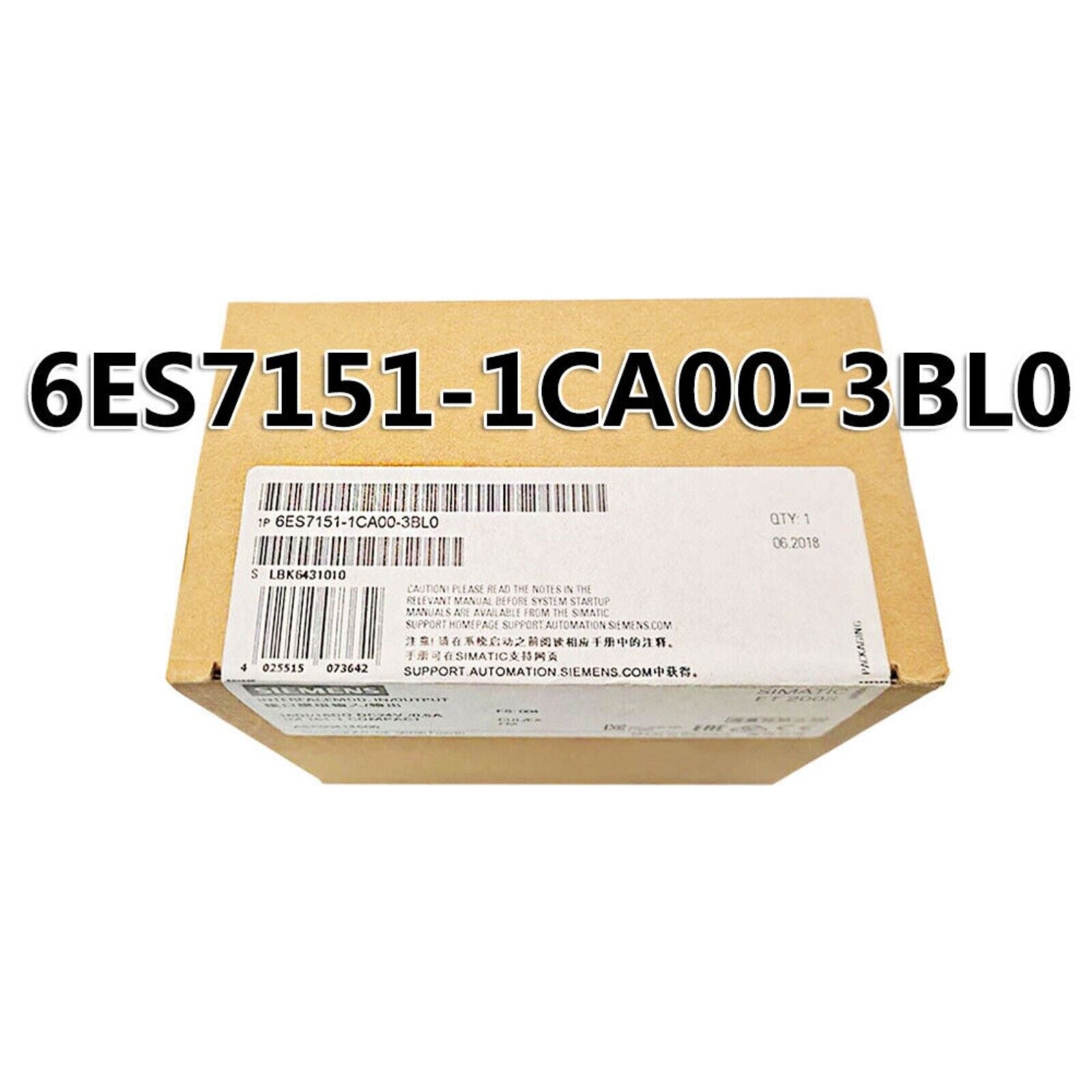 Siemens SIMATIC ET 200S 6ES7151-1CA00-3BL0 interface module packaging, product part number label visible.