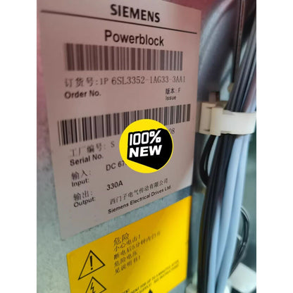 New Siemens Powerblock 6SL3352-1AG33-3AA1, 330A, with warning labels and 100% NEW sticker.