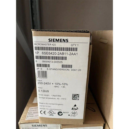 Siemens MICROMASTER 420 drive unit, model 6SE6420-2AB11-2AA1, industrial automation part packaging.