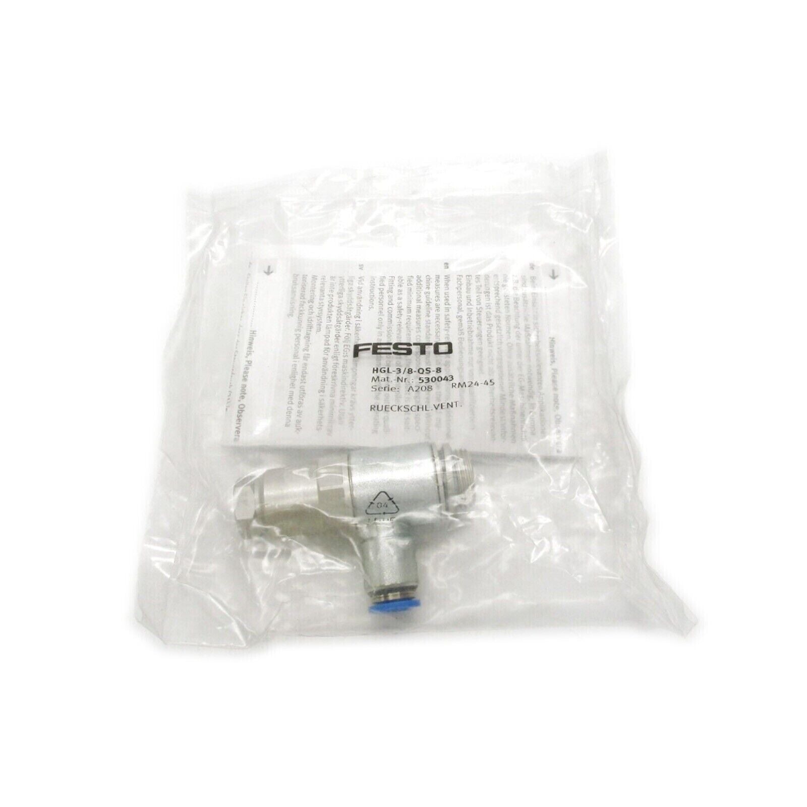 Festo HGL-3/8-QS-8 Pilot Check Valve in package, industrial automation part, Model 530043.