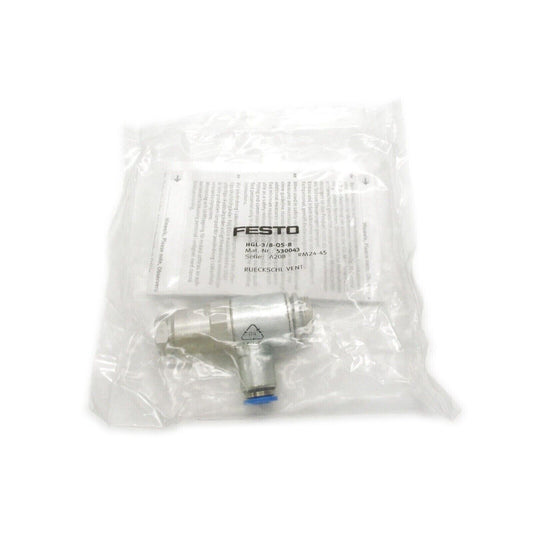 Festo HGL-3/8-QS-8 Pilot Check Valve in package, industrial automation part, Model 530043.