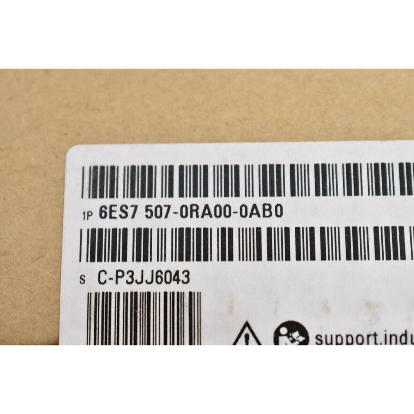 Siemens SIMATIC S7-1500 6ES7 507-0RA00-0AB0 product label. Includes barcode, and model information for automation components.