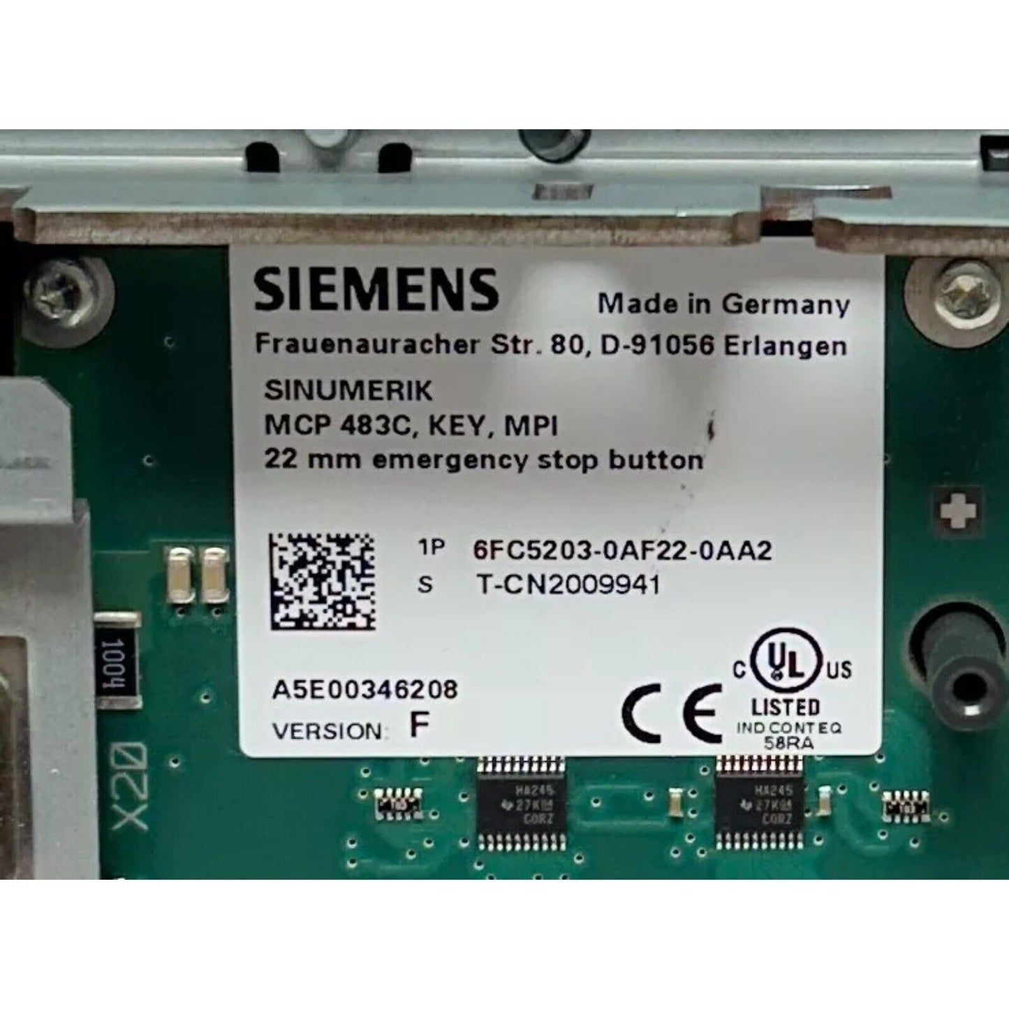 Siemens Sinumerik MCP 483C panel, 6FC5203-0AF22-0AA2, with emergency stop button and Made in Germany.