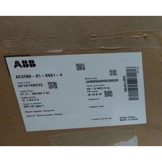 ABB ACS580-01-04A1-4 Drive label with specifications: voltage, output current, model number, and Made in China.