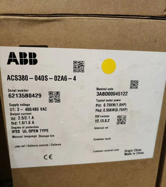 ABB ACS380-040S-02A6-4 Inverter, product information label showing model, serial number, and specifications.