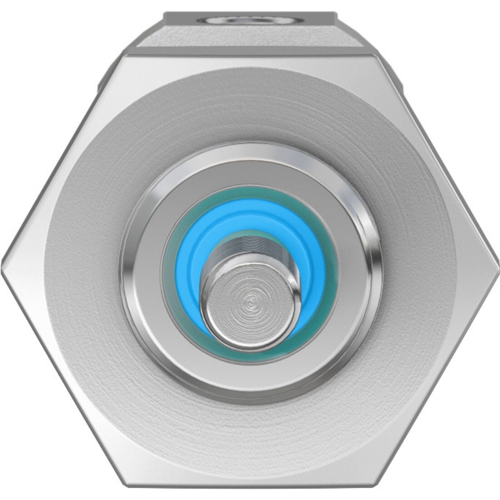 Festo DSNU-10-85-P-A pneumatic cylinder end cap detail with blue seal and metal finish.