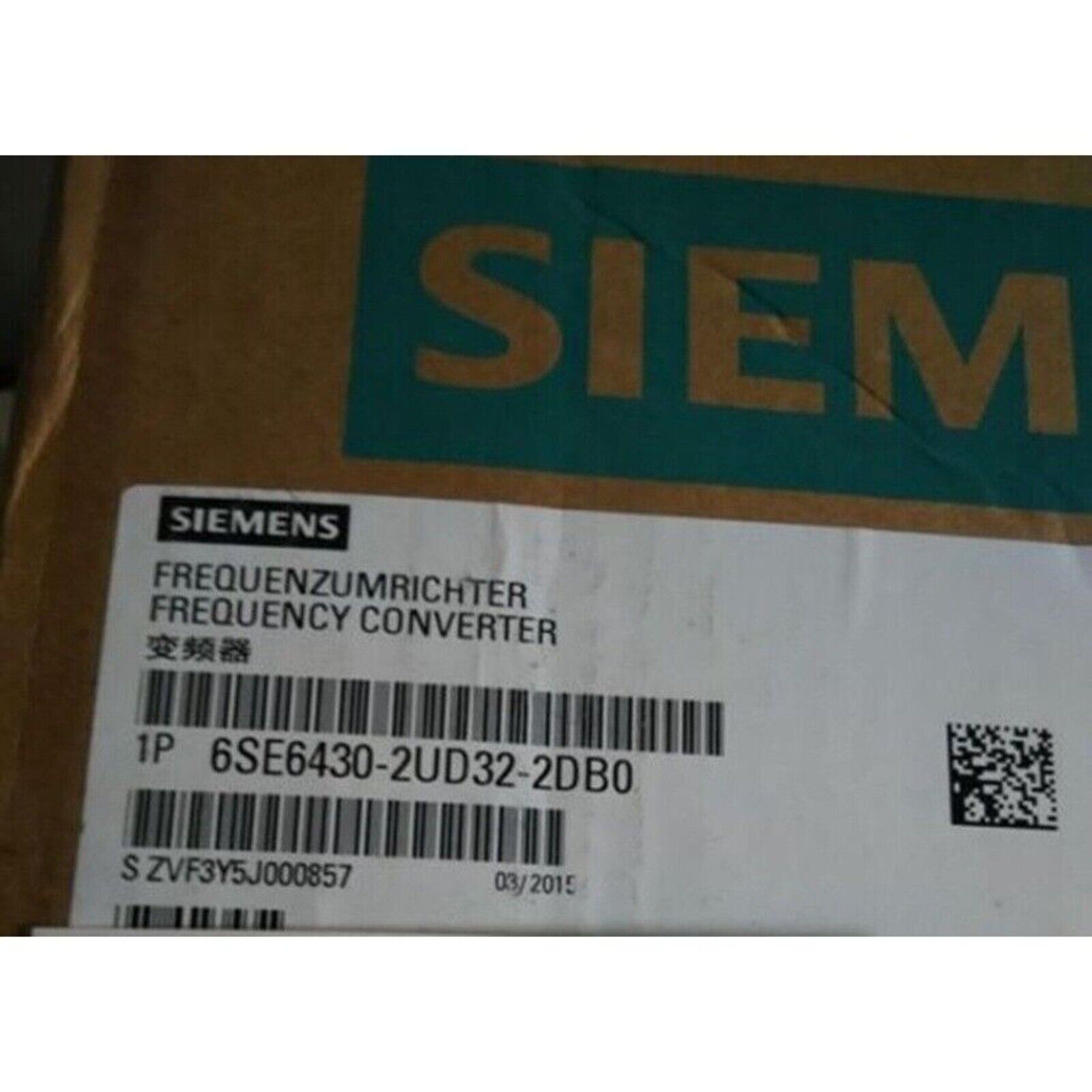 Siemens frequency converter product box, model 6SE6430-2UD32-2DB0, industrial automation part.