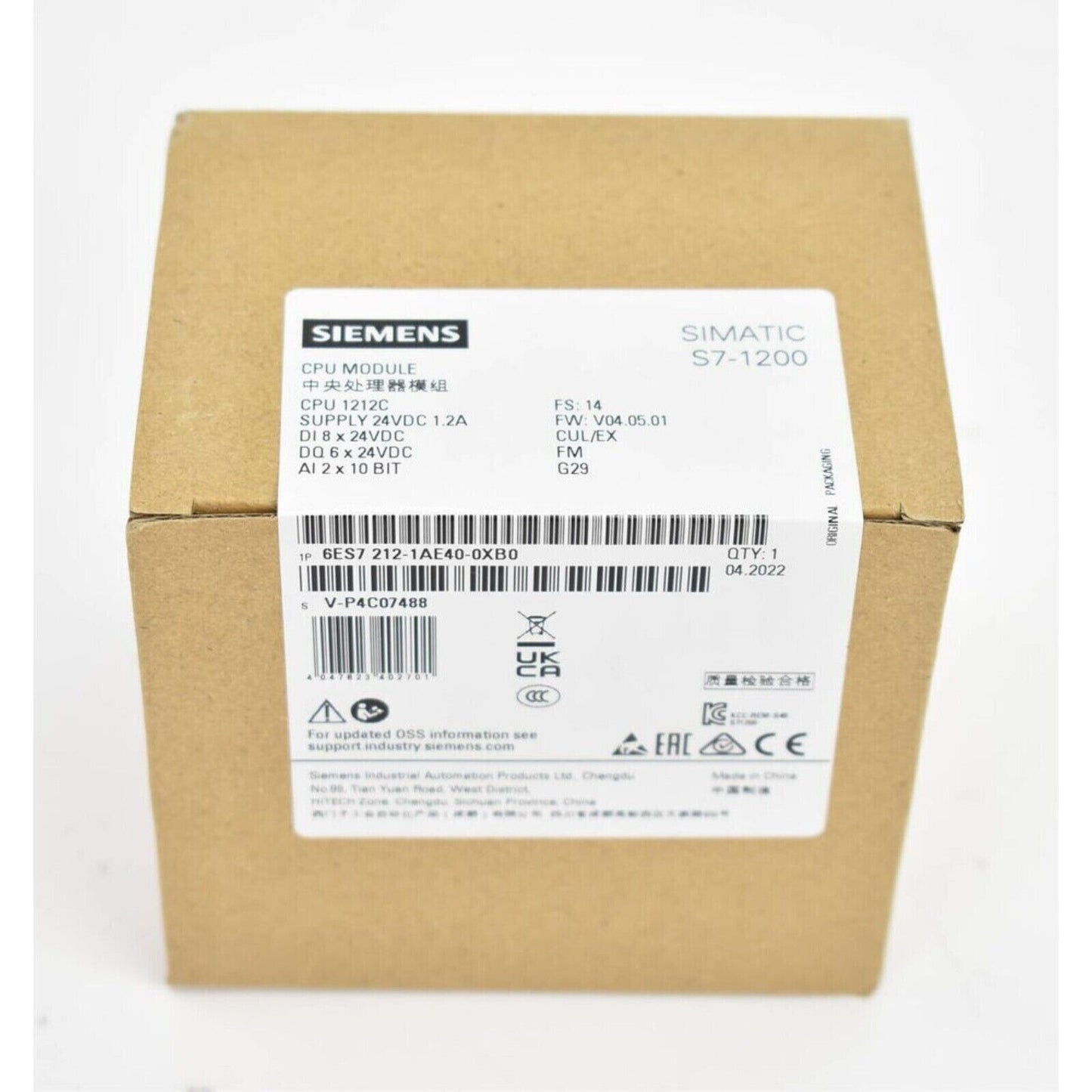 Siemens SIMATIC S7-1200 CPU 1212C PLC module packaging, product model 6ES7212-1AE40-0XB0