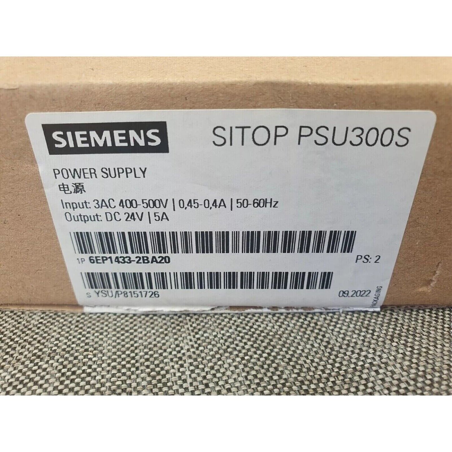 Siemens SITOP PSU300S power supply with model 6EP1433-2BA20, industrial automation part.