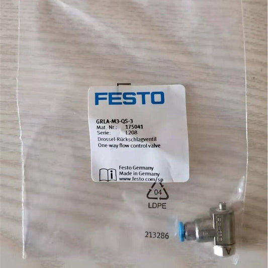Festo GRLA-M3-QS-3 one-way flow control valve. Industrial automation part with blue connector.