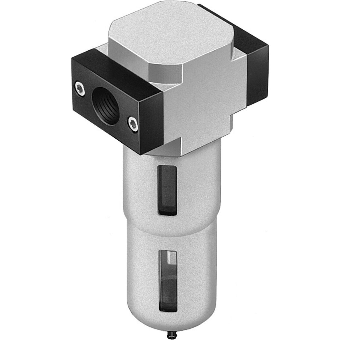 Festo LF-1/4-D-5M-MINI compressed air filter, industrial automation component, silver and black