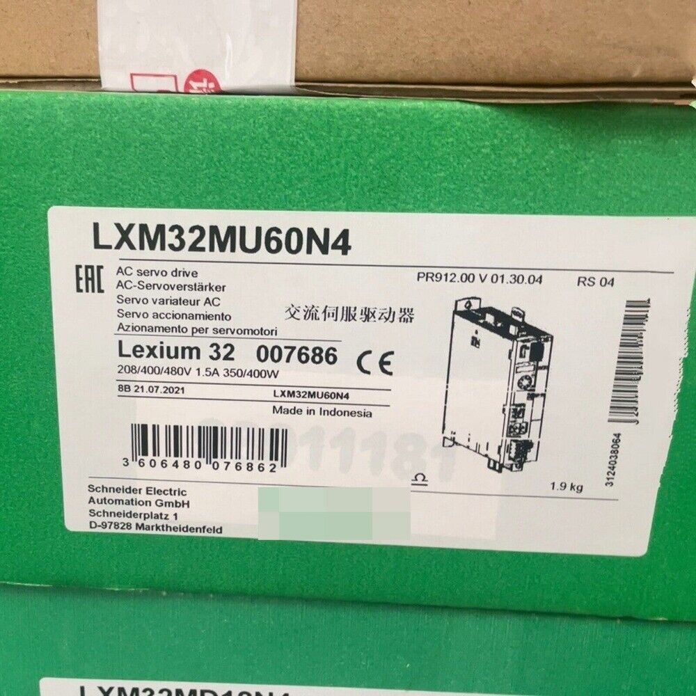 Schneider Electric LXM32MU60N4 AC servo drive packaging, Lexium 32 series, Made in Indonesia.