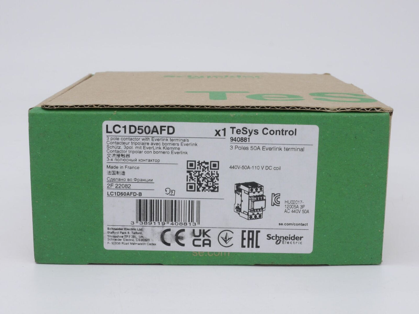 Schneider Electric LC1D50AFD Contactor, TeSys Control, industrial automation part, with Everlink terminals, 3-pole