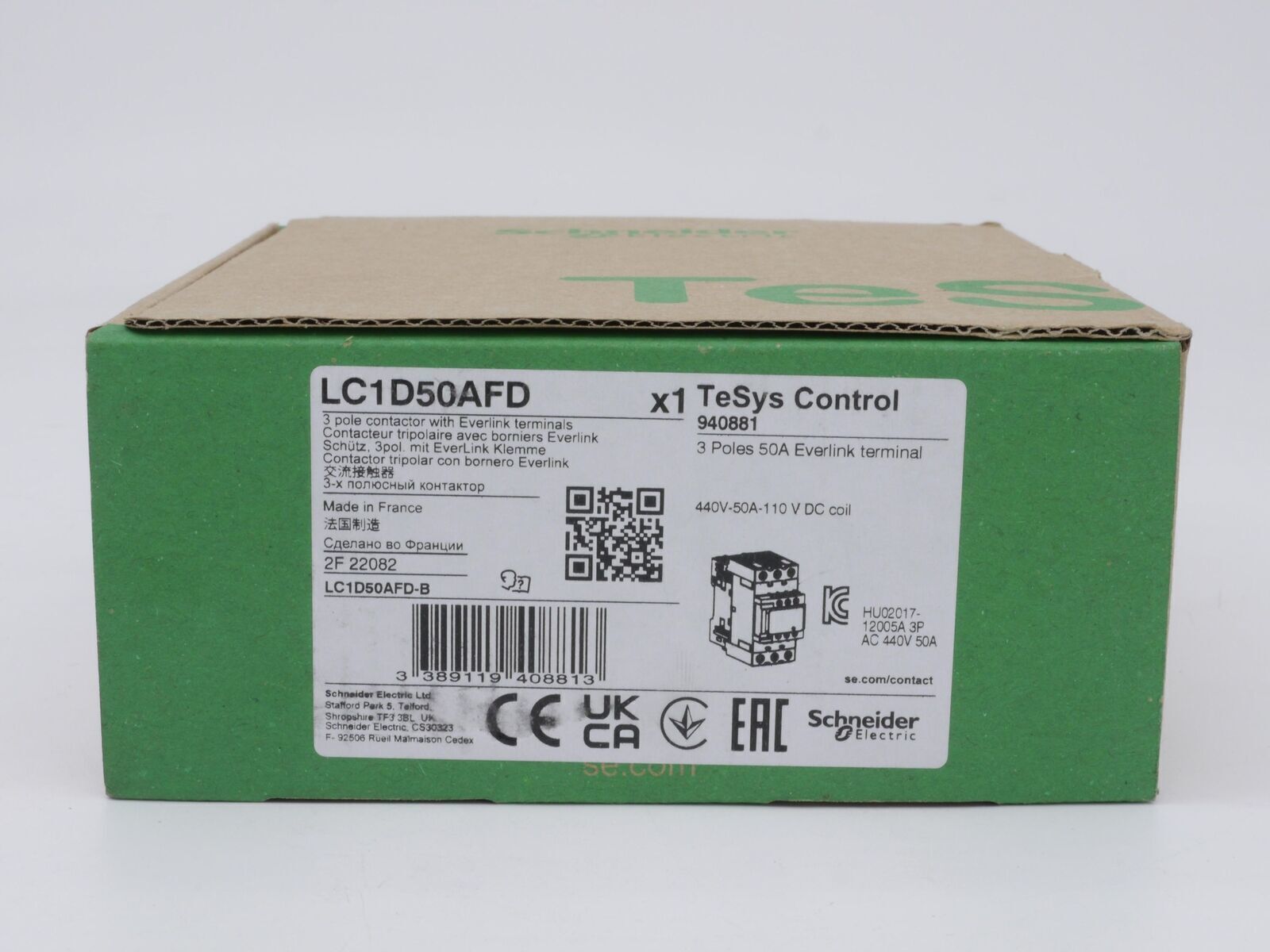 Schneider Electric LC1D50AFD Contactor, TeSys Control, industrial automation part, with Everlink terminals, 3-pole