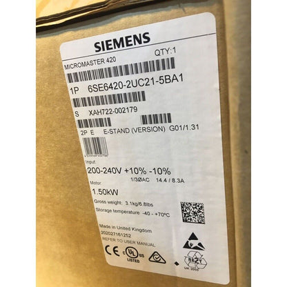 Siemens MICROMASTER 420 frequency drive model 6SE6420-2UC21-5BA1 label, industrial automation equipment