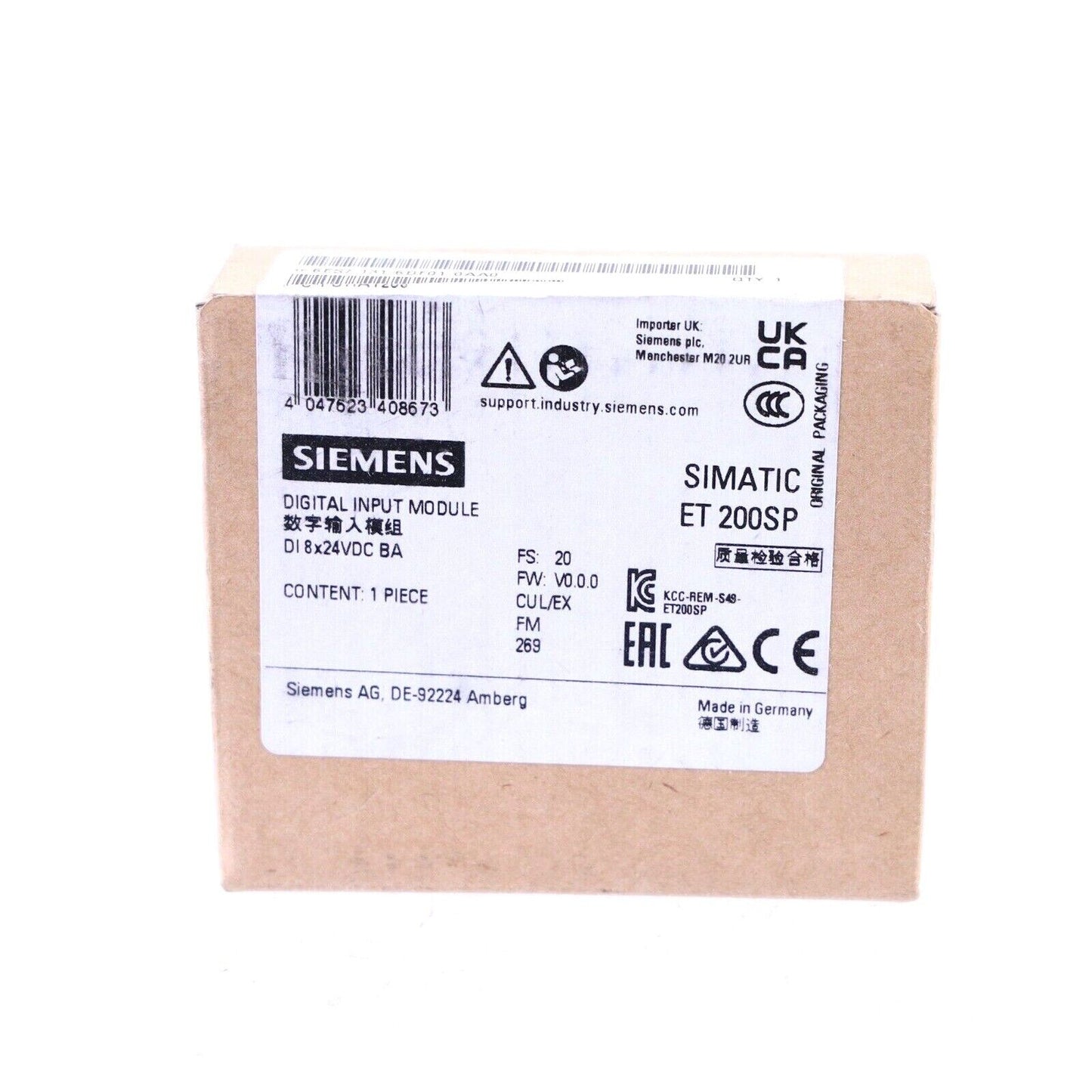 Siemens ET 200SP Digital Input Module, DI 8x24VDC BA, product packaging