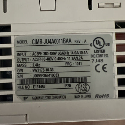 Yaskawa CIMR-JU4A0011BAA variable frequency drive label, industrial automation part, input 380-480V