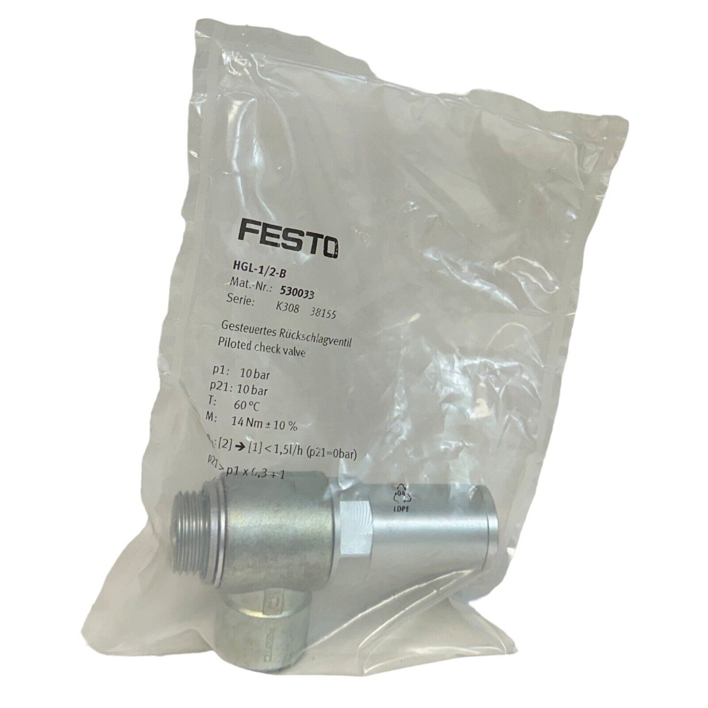 FESTO HGL-1/2-B 530033 Piloted check valve, industrial automation part in package