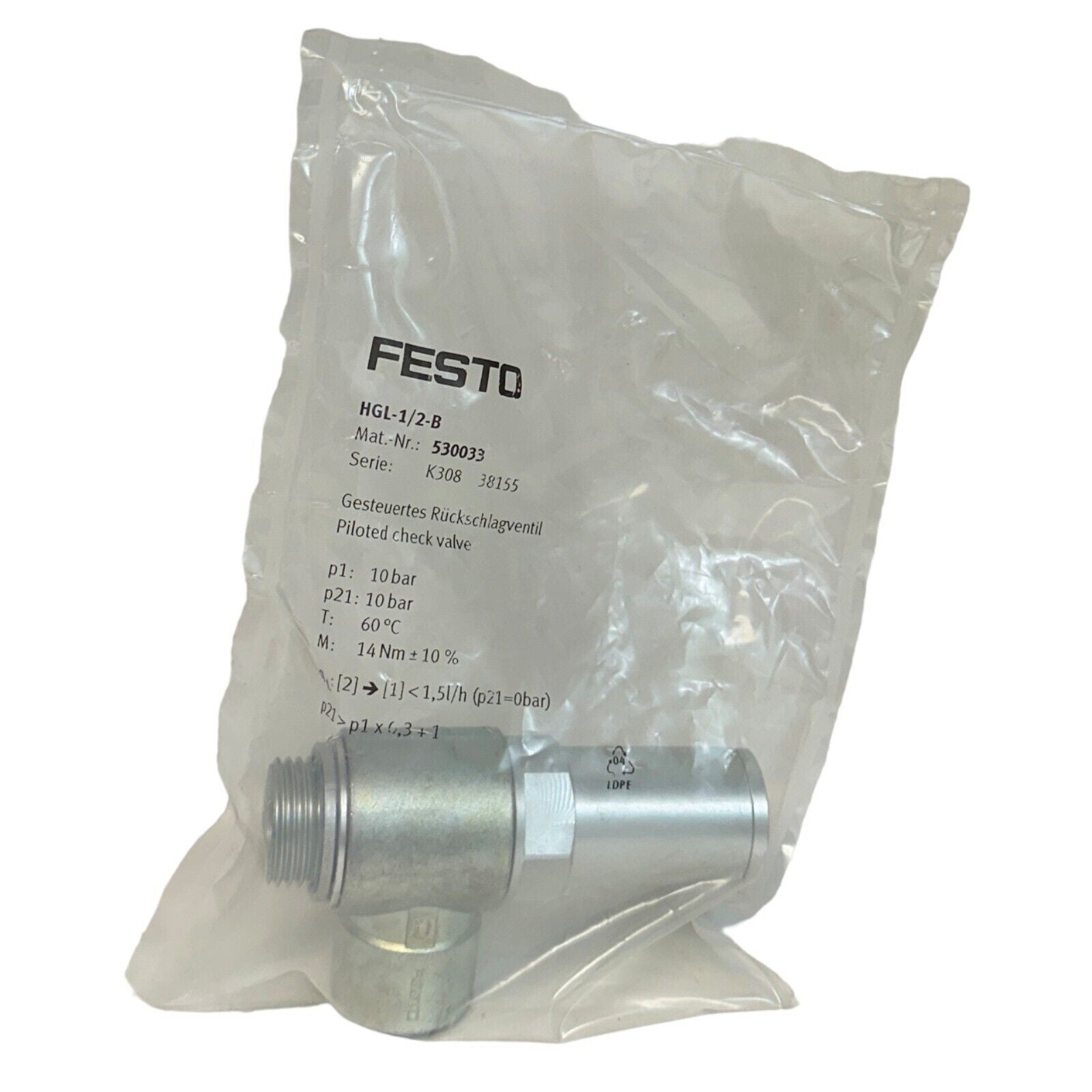FESTO HGL-1/2-B 530033 Piloted check valve, industrial automation part in package