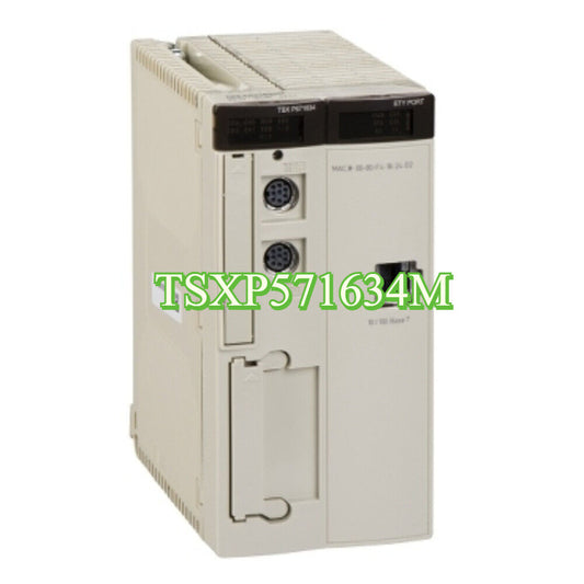 Schneider TSXP571634M PLC Module, beige and black color, industrial automation equipment with ports.