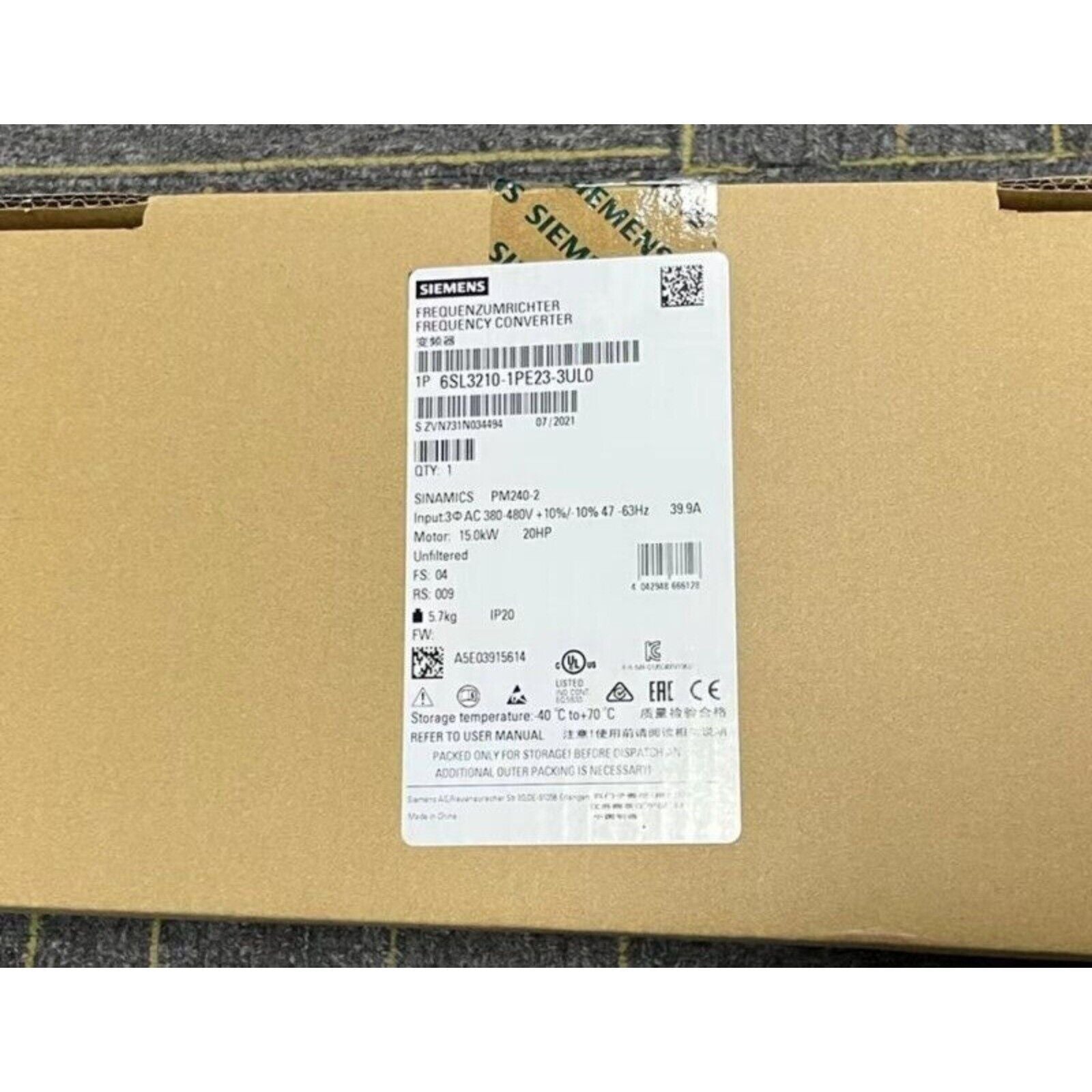 Siemens SINAMICS PM240-2 Frequency Converter label, model 6SL3210-1PE23-3UL0, industrial automation part, IP20 rated