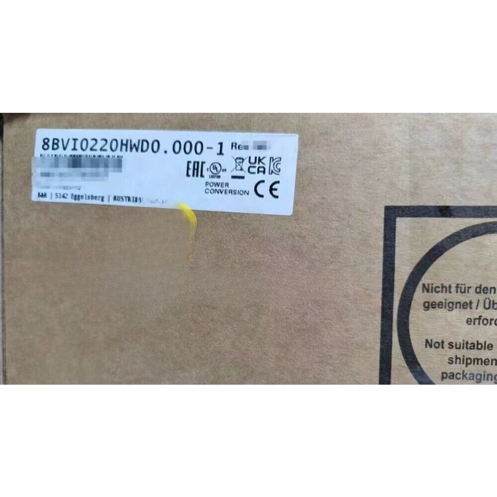 B&R Servo Drive 8BVI0220HWD0.000-1 with certification labels and Power Conversion details, product packaging.