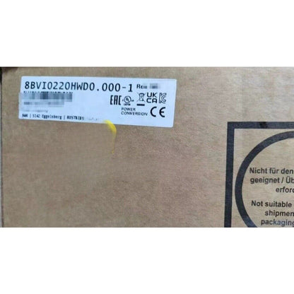 B&R Servo Drive 8BVI0220HWD0.000-1 with certification labels and Power Conversion details, product packaging.