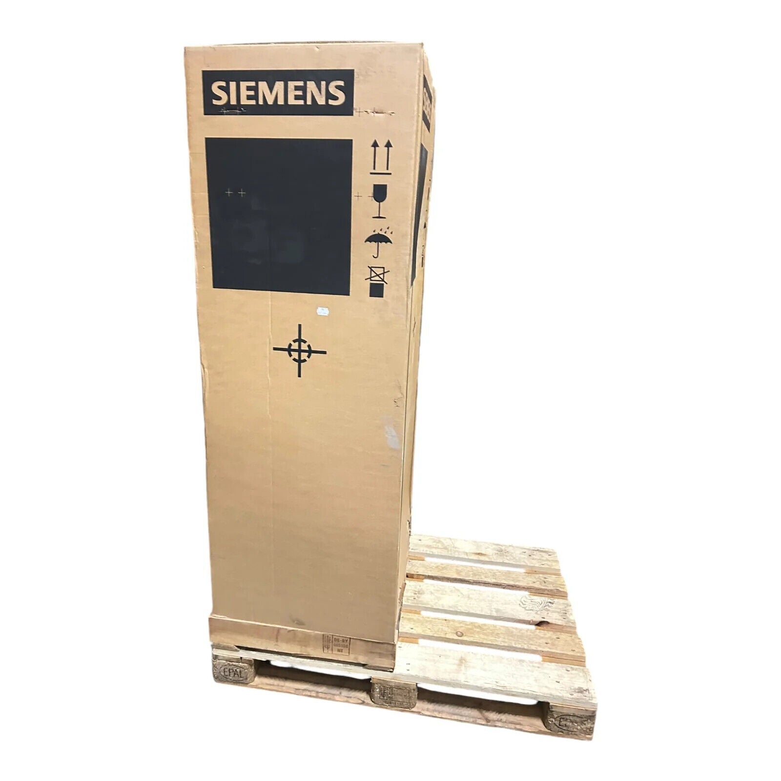 Siemens SINAMICS S120 cabinet module in shipping box on a pallet. Industrial automation parts.