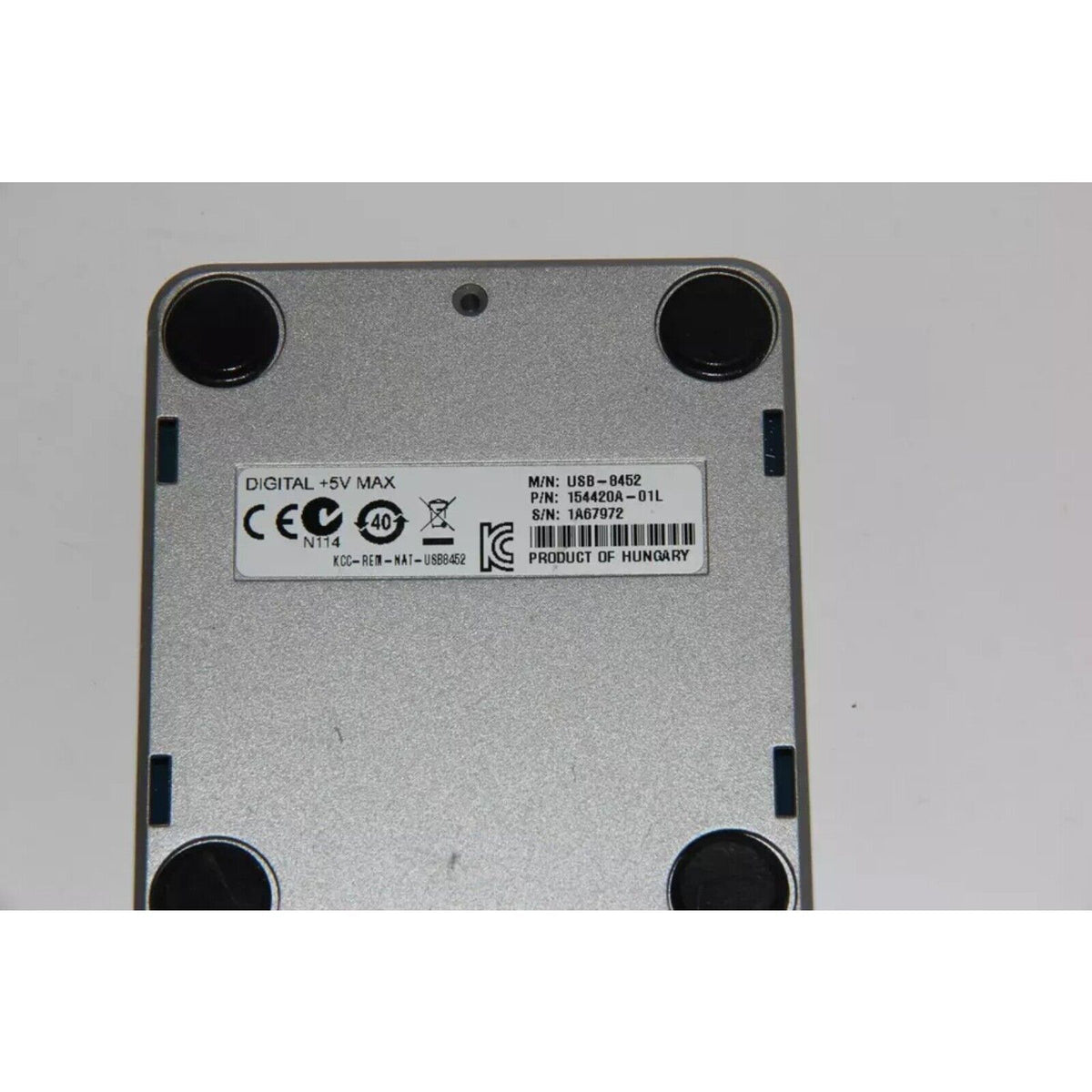 National Instruments USB-8452 I²C/SPI Interface Device bottom, silver metal, product information label, Product of Hungary