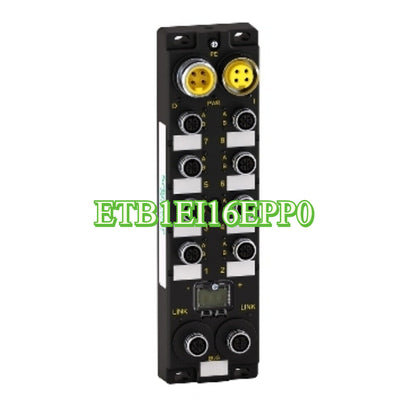 Schneider ETB1EI16EPP0 PLC Module, black and yellow connectors, product detail.
