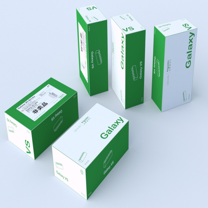 Schneider Galaxy VS Bricks product boxes, green and white packaging, industrial automation equipment.