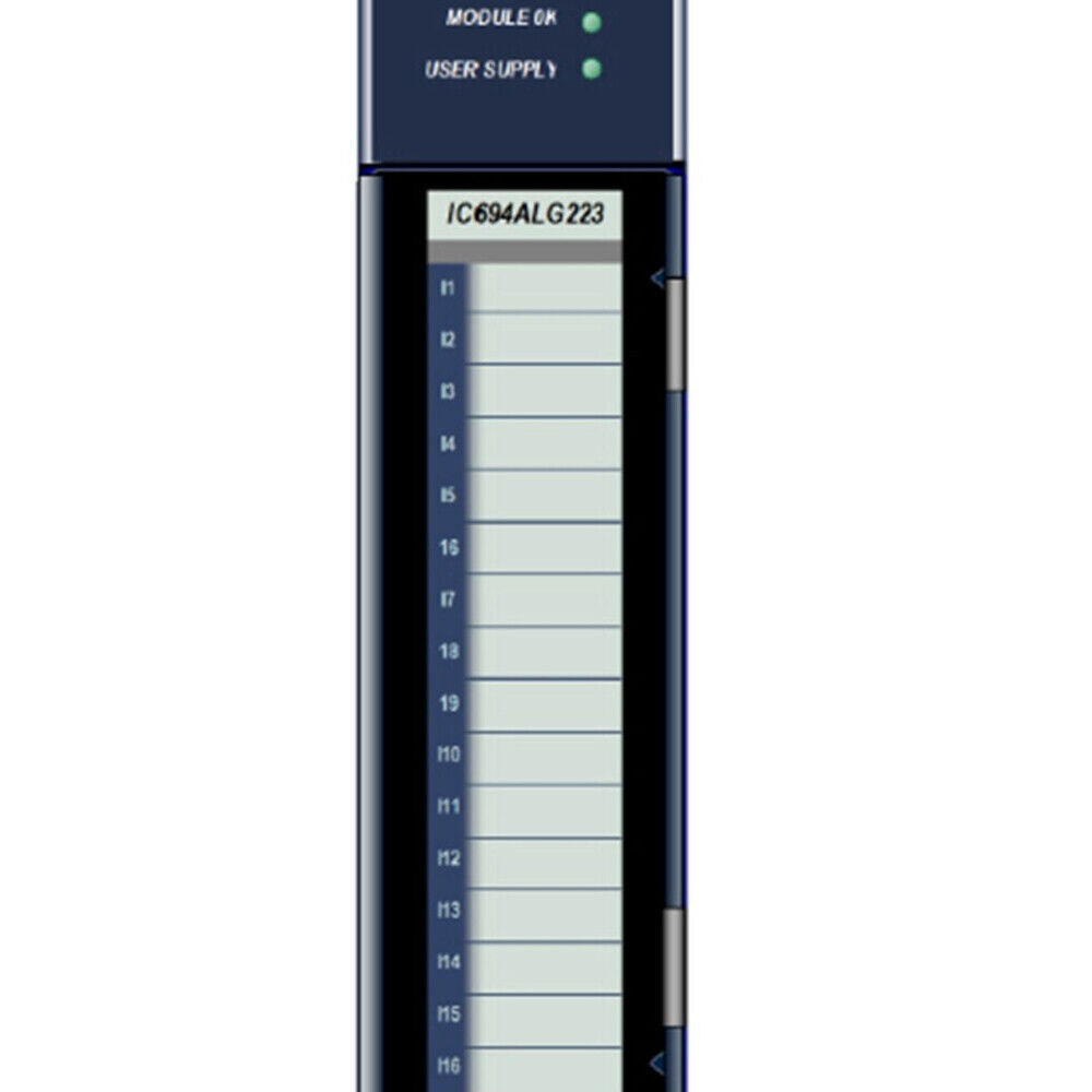FANUC IC694ALG223 Input Analog Module, with labels including MODULE OK and USER SUPPLY, ideal for industrial automation.