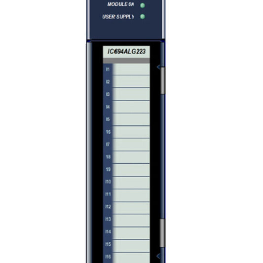 FANUC IC694ALG223 Input Analog Module, with labels including MODULE OK and USER SUPPLY, ideal for industrial automation.