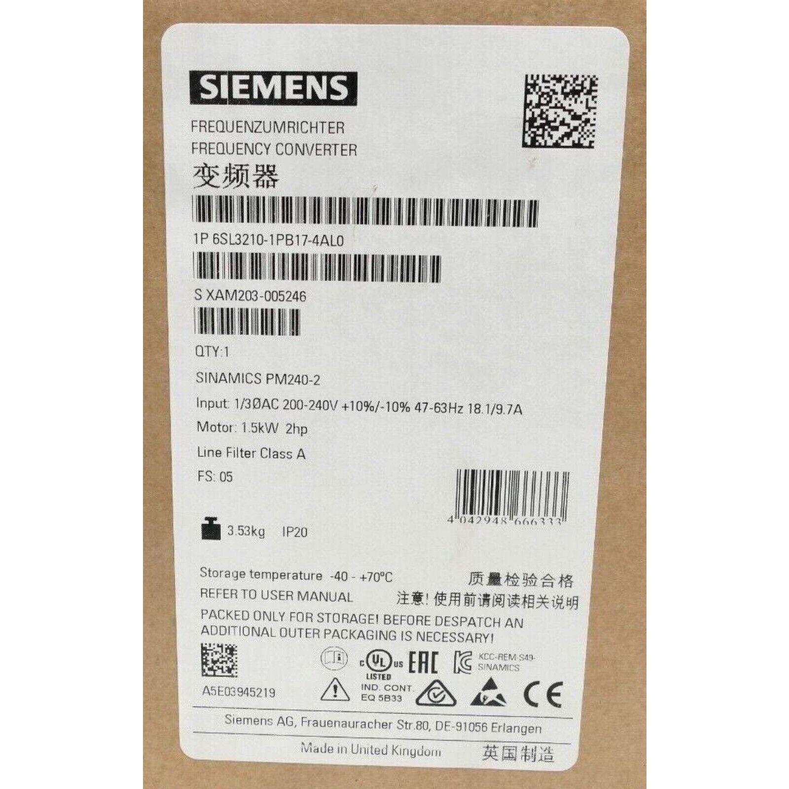 Siemens SINAMICS PM240-2 frequency converter box, model 6SL3210-1PB17-4AL0, with specifications and certifications.