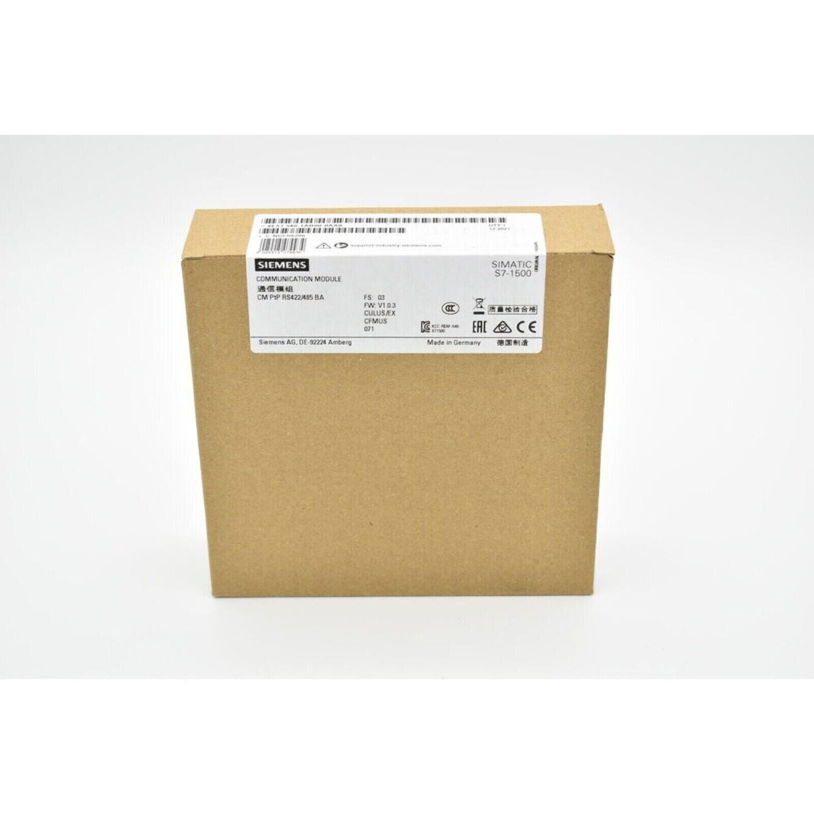 Siemens SIMATIC S7-1500 communication module box. Product details and Made in Germany label.