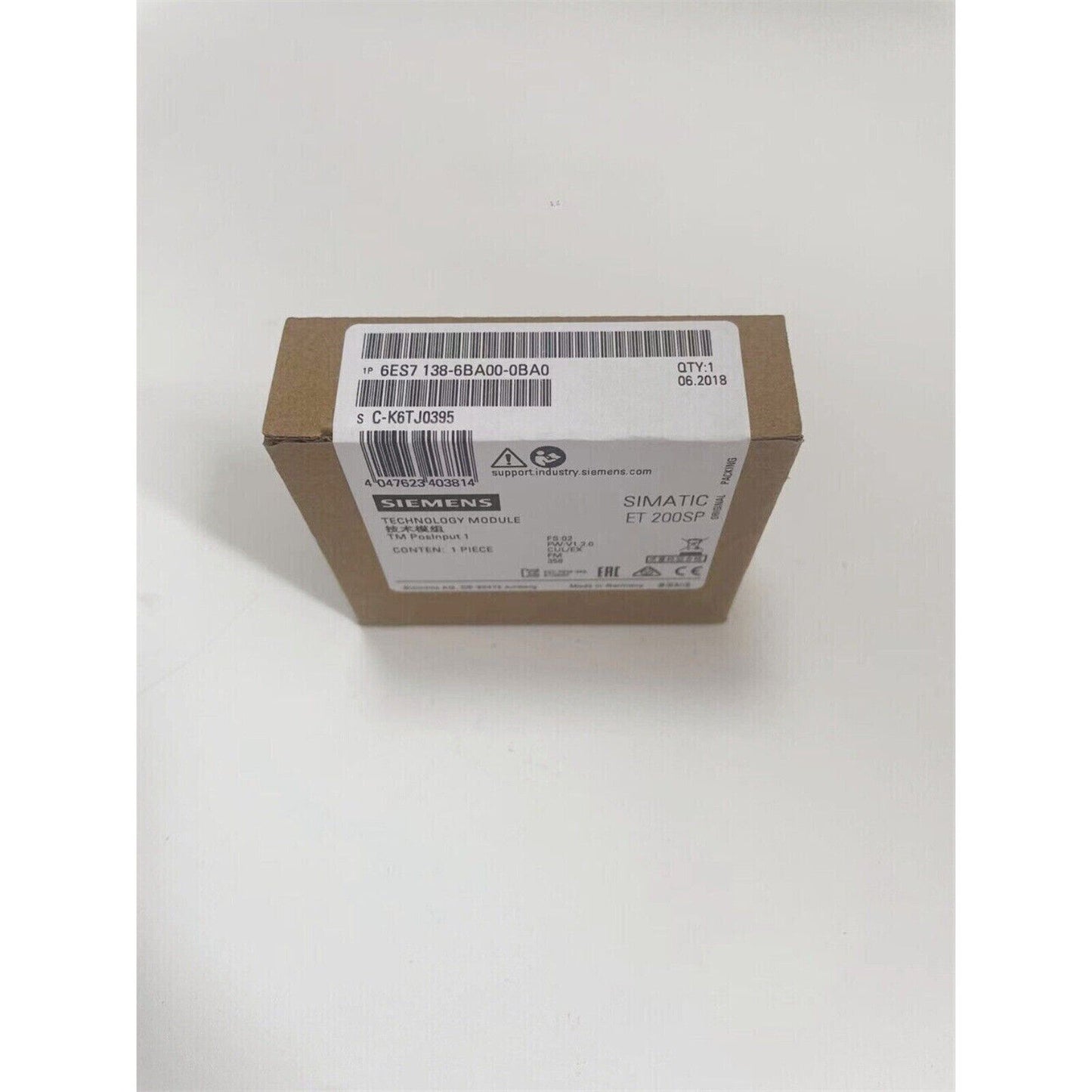 Siemens SIMATIC ET 200SP PLC Module 6ES7138-6BA00-0BA0 in original packaging, industrial automation part.