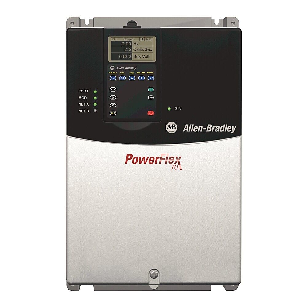 Allen-Bradley PowerFlex 70 AC Drive, front view with display showing operational data and product name