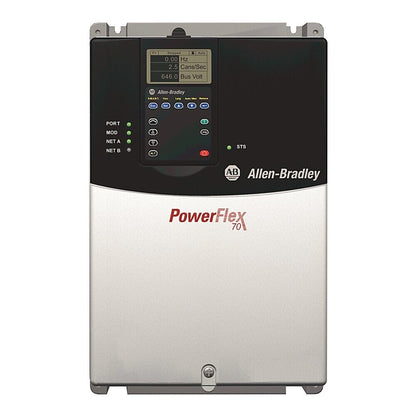 Allen-Bradley PowerFlex 70 AC Drive, front view with display showing operational data and product name