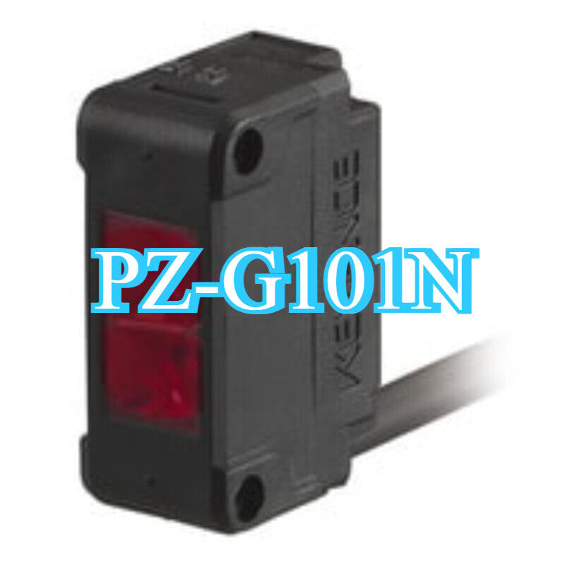 Keyence PZ-G101N photoelectric sensor. Black sensor with red indicator light. Industrial automation part.