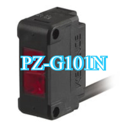 Keyence PZ-G101N photoelectric sensor. Black sensor with red indicator light. Industrial automation part.