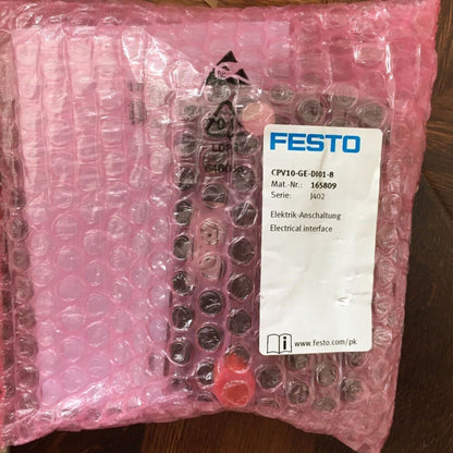 FESTO CPV10-GE-DI01-8 solenoid valve in protective pink bubble wrap, with product details.