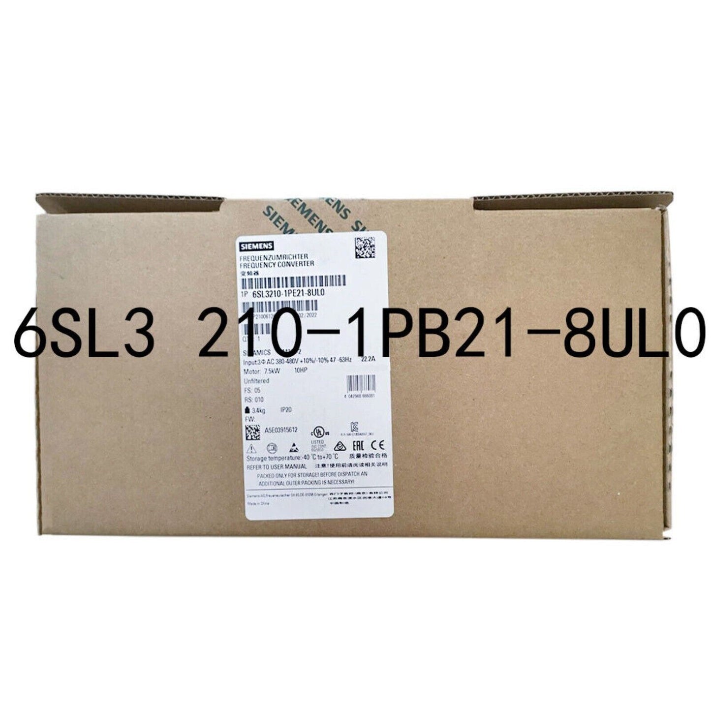 Siemens SINAMICS 6SL3210-1PE21-8UL0 frequency converter in box, industrial automation part.