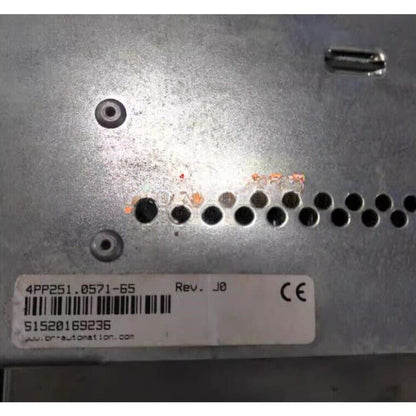 B&R 4PP251.0571-65 industrial panel PC details with label and CE marking, Rev. J0