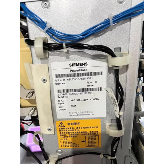 Siemens Powerblock 6SL3353-1AE35-3DA1. Industrial automation part with wiring, label showing specifications.