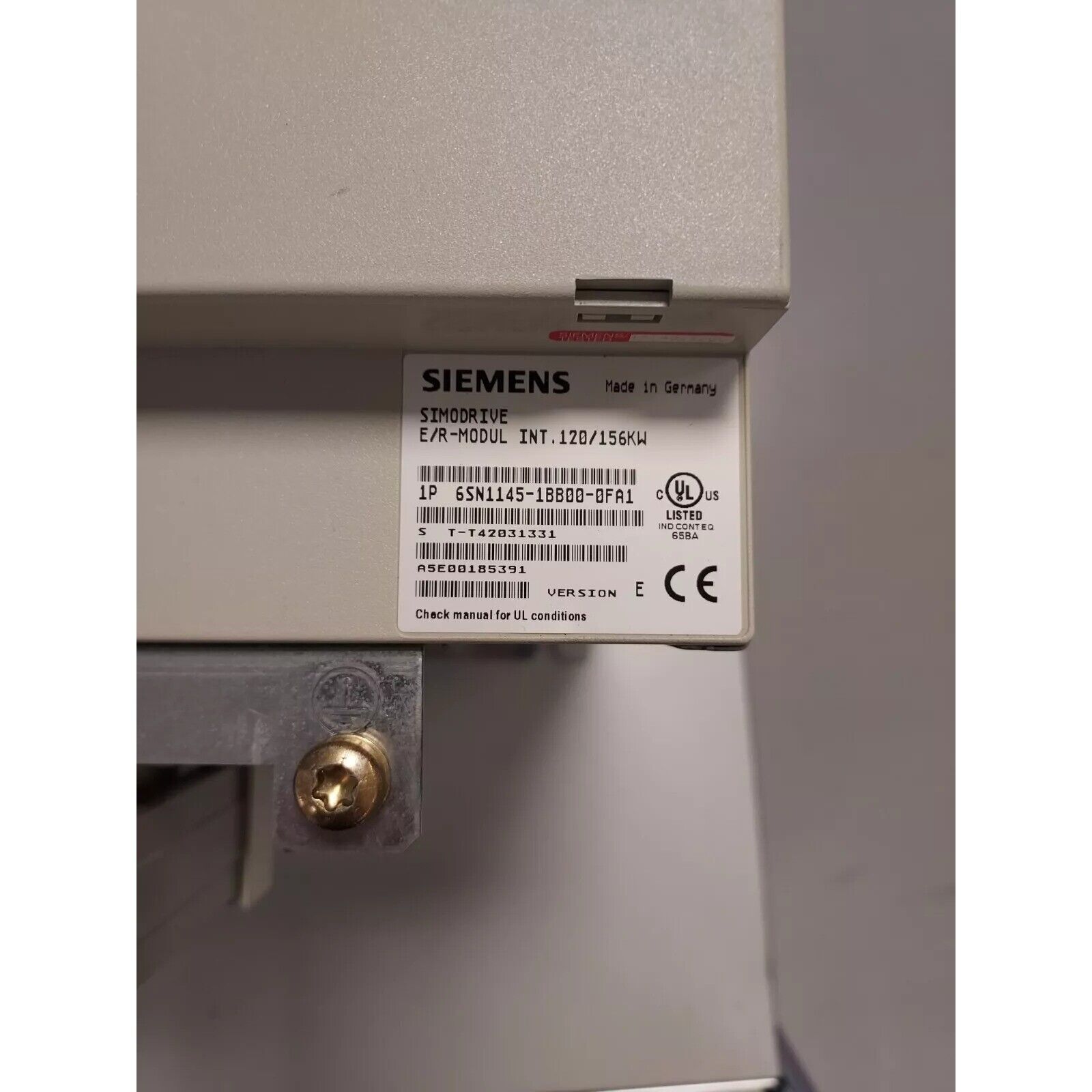 Siemens SIMODRIVE E/R-MODUL INT.120/156KW industrial automation part, Made in Germany. Model 6SN1145-1BB00-0FA1.