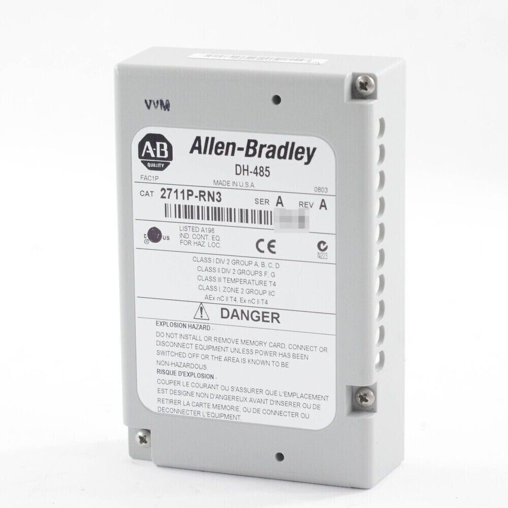 Allen-Bradley 2711P-RN3 Communication Module, gray industrial automation component, safety warning label.